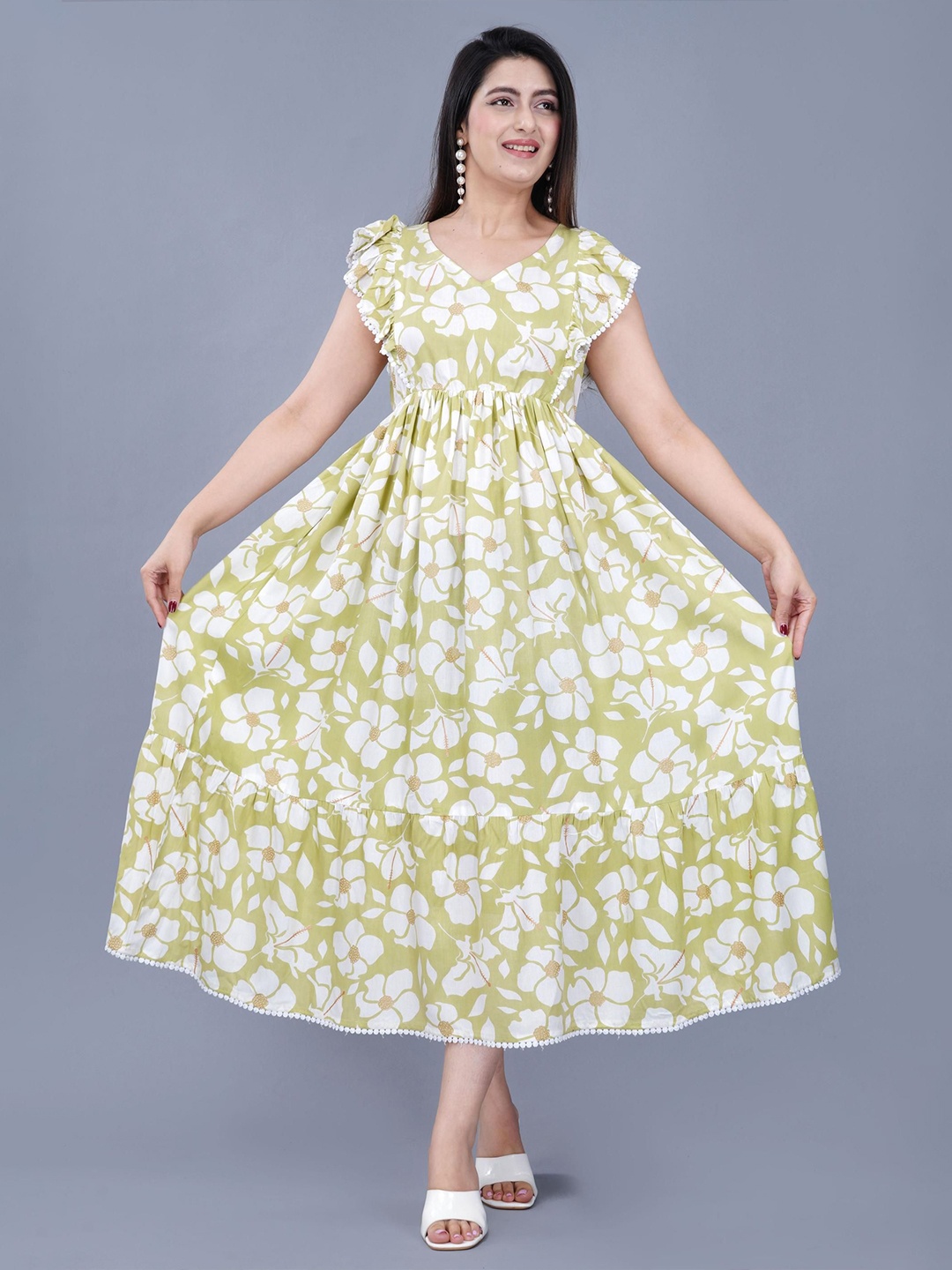 

Mintmarie Floral Print Flutter Sleeve Fit & Flare Midi Dress, Green