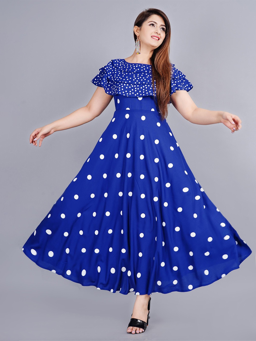 

Mintmarie Polka Dot Print Cape Sleeve Maxi Dress, Blue