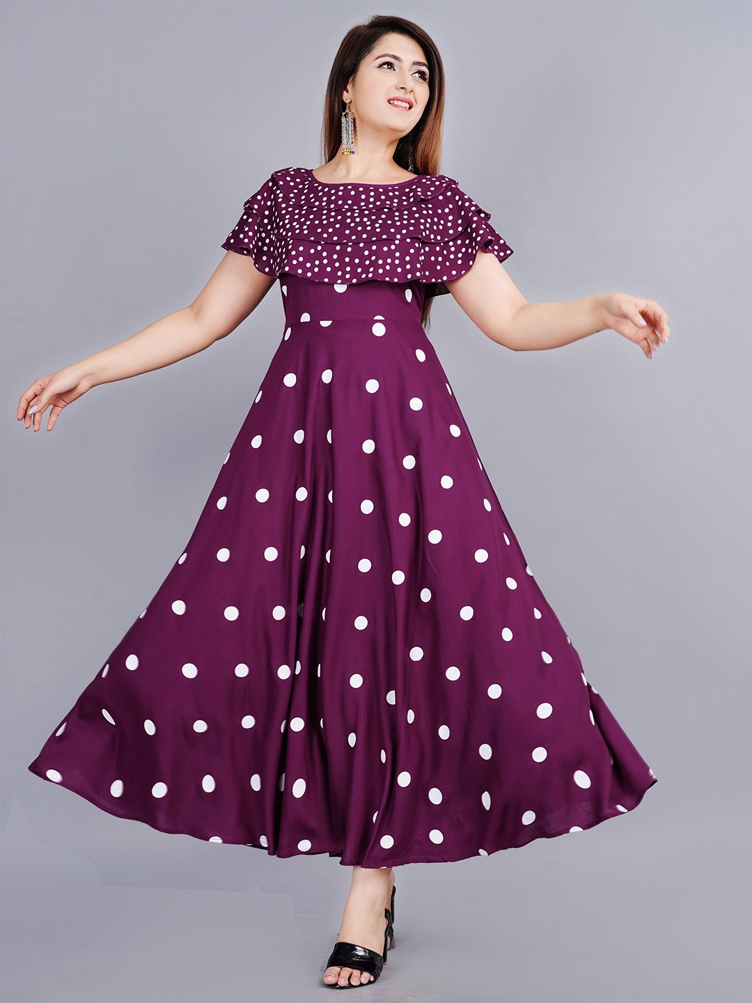 

Mintmarie Polka Dot Print Cape Sleeve Maxi Dress, Purple
