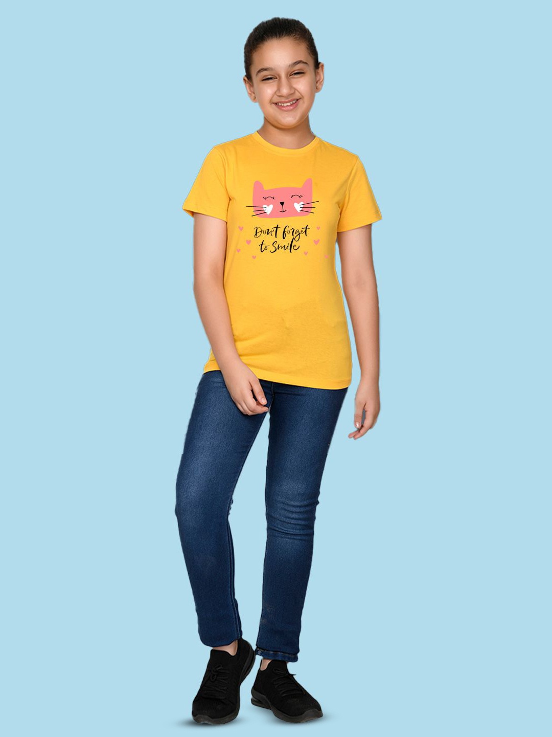 

NUSYL Girls Typography Printed Drop-Shoulder Sleeves Applique T-shirt, Yellow