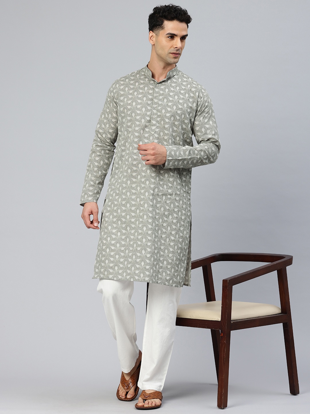 

Majestic Man Men Ethnic Motifs Printed Pure Cotton Kurta, Grey