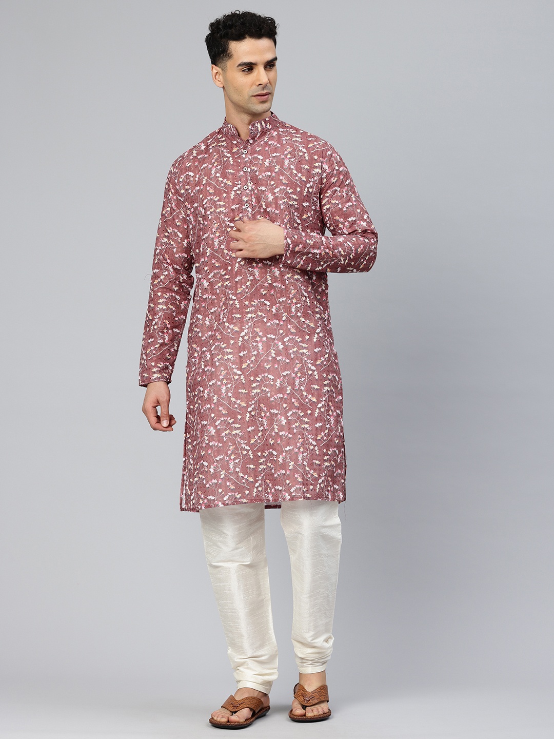 

Majestic Man Men Floral Embroidered Kurta, Coffee brown