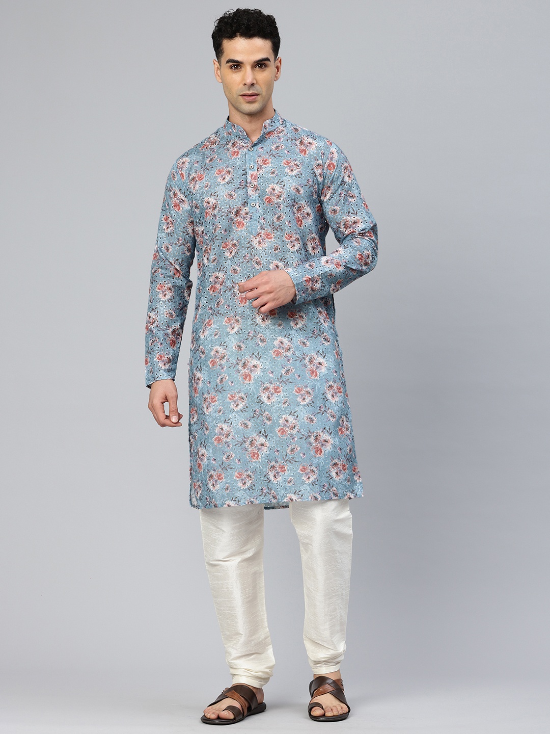 

Majestic Man Men Floral Embroidered Kurta, Blue