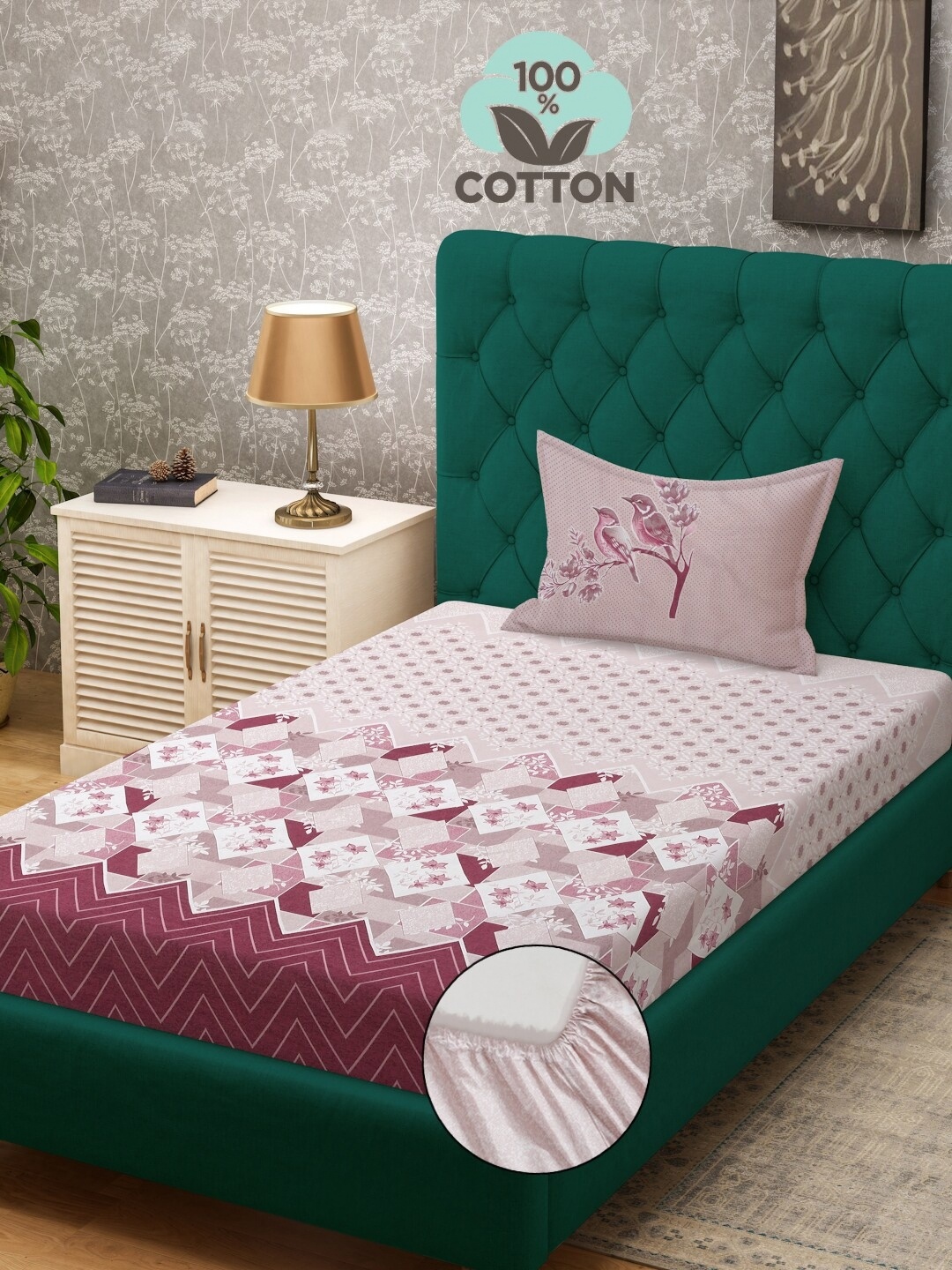

KLOTTHE Magenta Printed 400TC Pure-Cotton Single Bedsheet & Pillow Cover