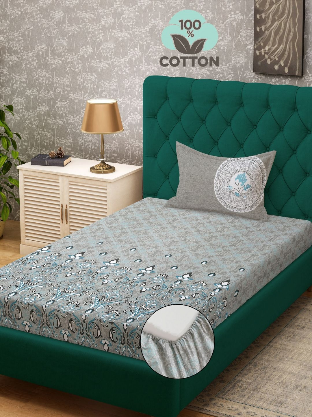 

KLOTTHE Grey Floral-Printed 400TC Pure-Cotton Single Bedsheet & Pillow Cover