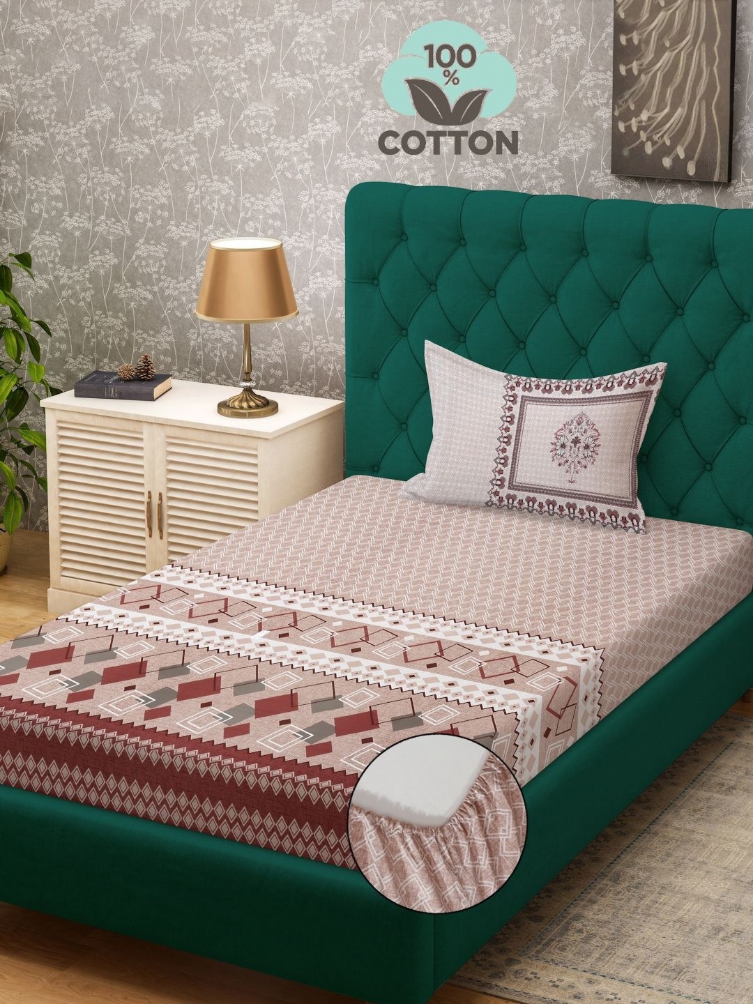 

KLOTTHE Peach Geometric Printed 400TC Pure-Cotton Single Bedsheet & Pillow Cover