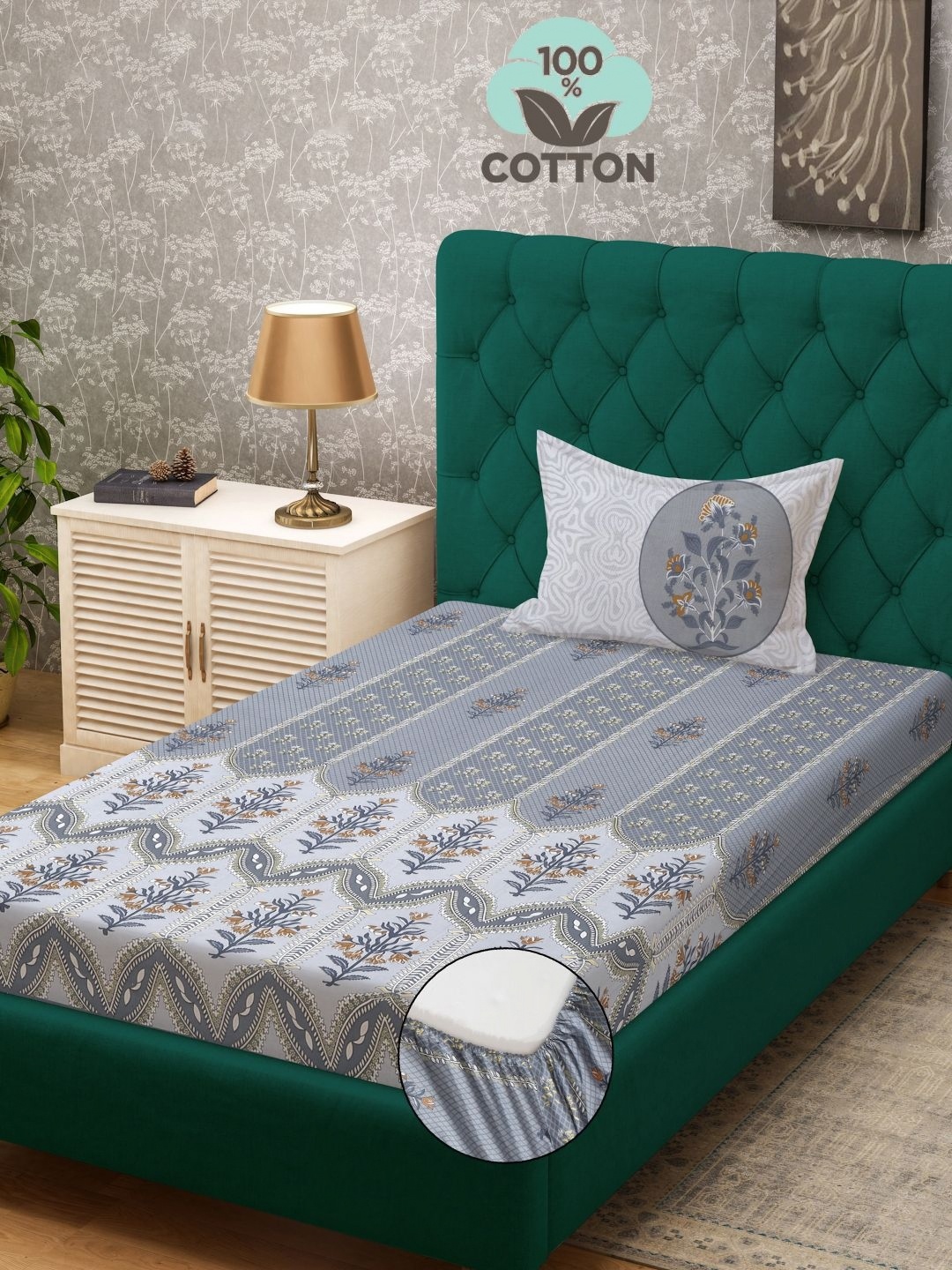 

KLOTTHE Grey Floral Printed 400TC Pure Cotton Single Bedsheet & Pillow Cover