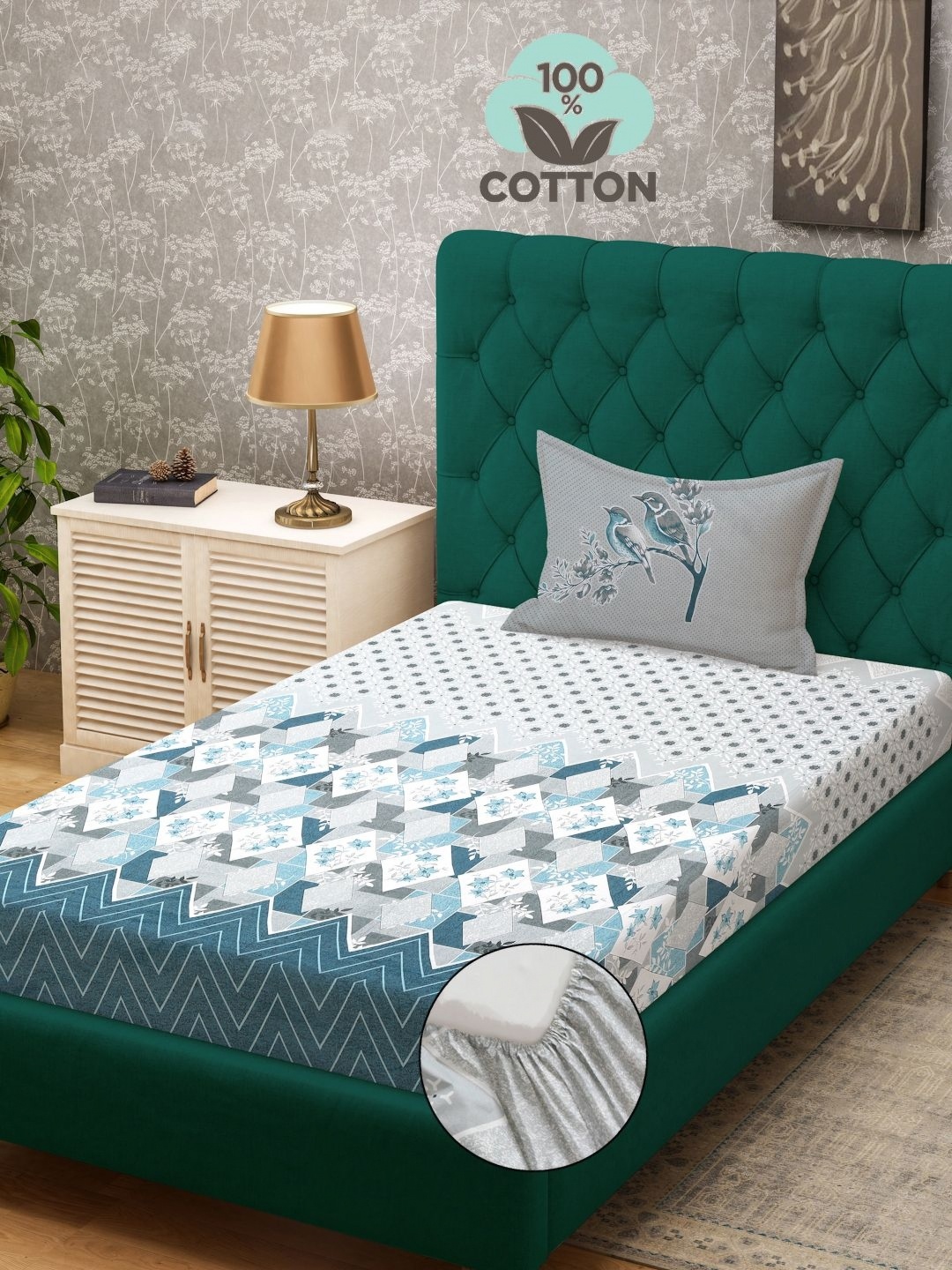 

KLOTTHE Turquoise Blue Geometric-Printed 400TC Pure Cotton Single Bedsheet & Pillow Cover