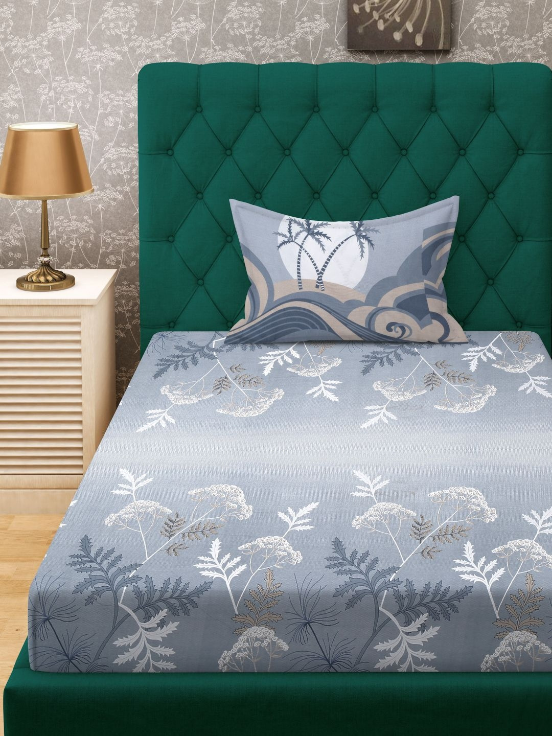 

KLOTTHE Grey Floral Printed 400TC Pure Cotton Single Bedsheet & Pillow Cover