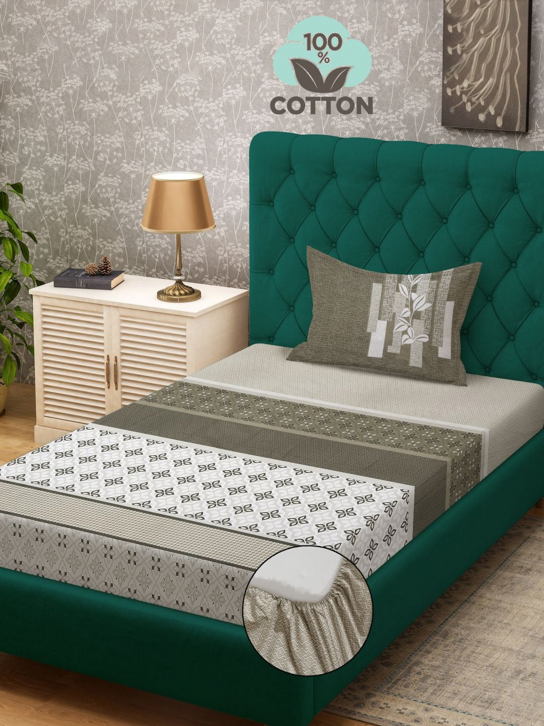 

KLOTTHE Olive Green Geometric Printed 400TC Pure Cotton Single Bedsheet & Pillow Cover