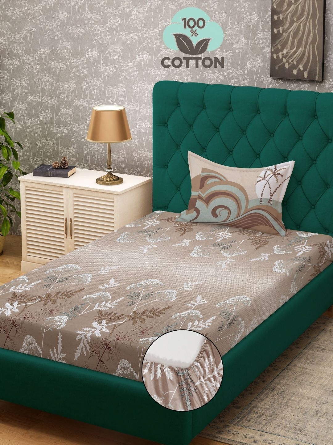 

KLOTTHE Beige Floral Printed 400TC Pure Cotton Single Bedsheet & Pillow Cover