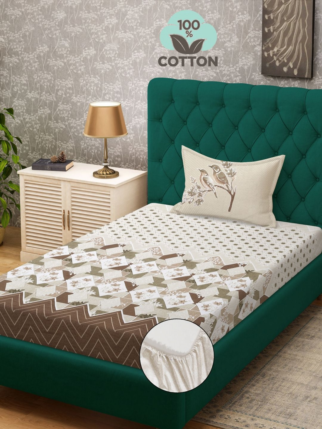 

KLOTTHE White Geometric-Printed 400TC Pure-Cotton Single Bedsheet & Pillow Cover, Brown
