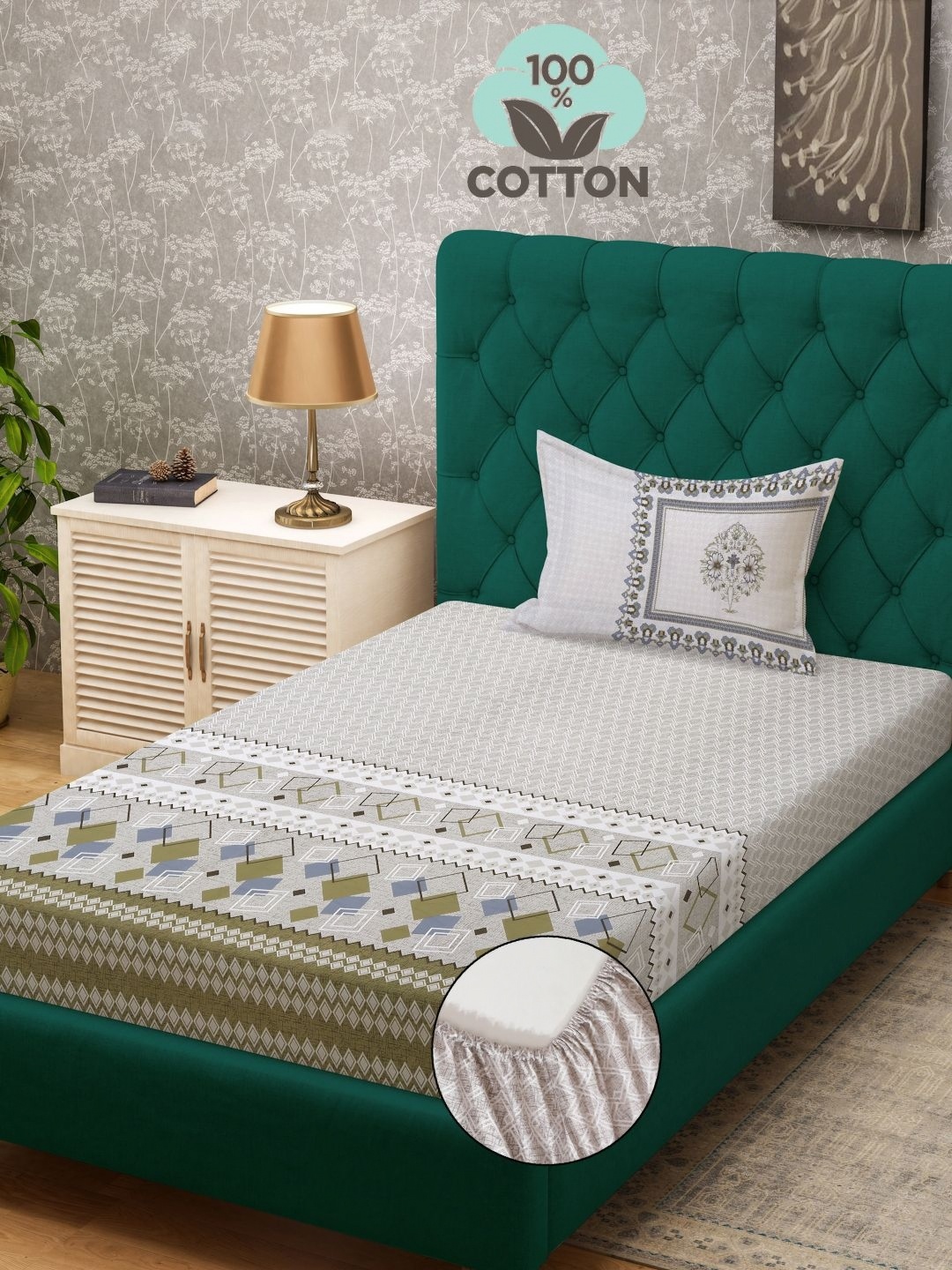 

KLOTTHE Grey Geometric Printed 400TC Pure Cotton Single Bedsheet & Pillow Cover