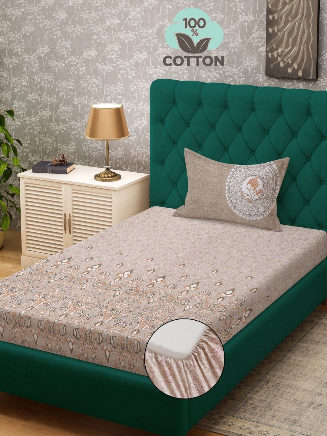 

KLOTTHE Beige Floral Printed 400TC Pure Cotton Single Bedsheet & Pillow Cover