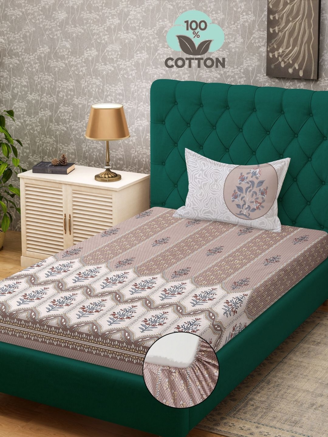 

KLOTTHE Peach Floral Printed 400TC Pure Cotton Single Bedsheet & Pillow Cover