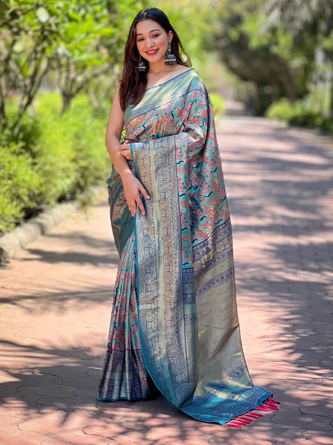 

Mitera Woven Design Zari Silk Blend Banarasi Saree, Blue