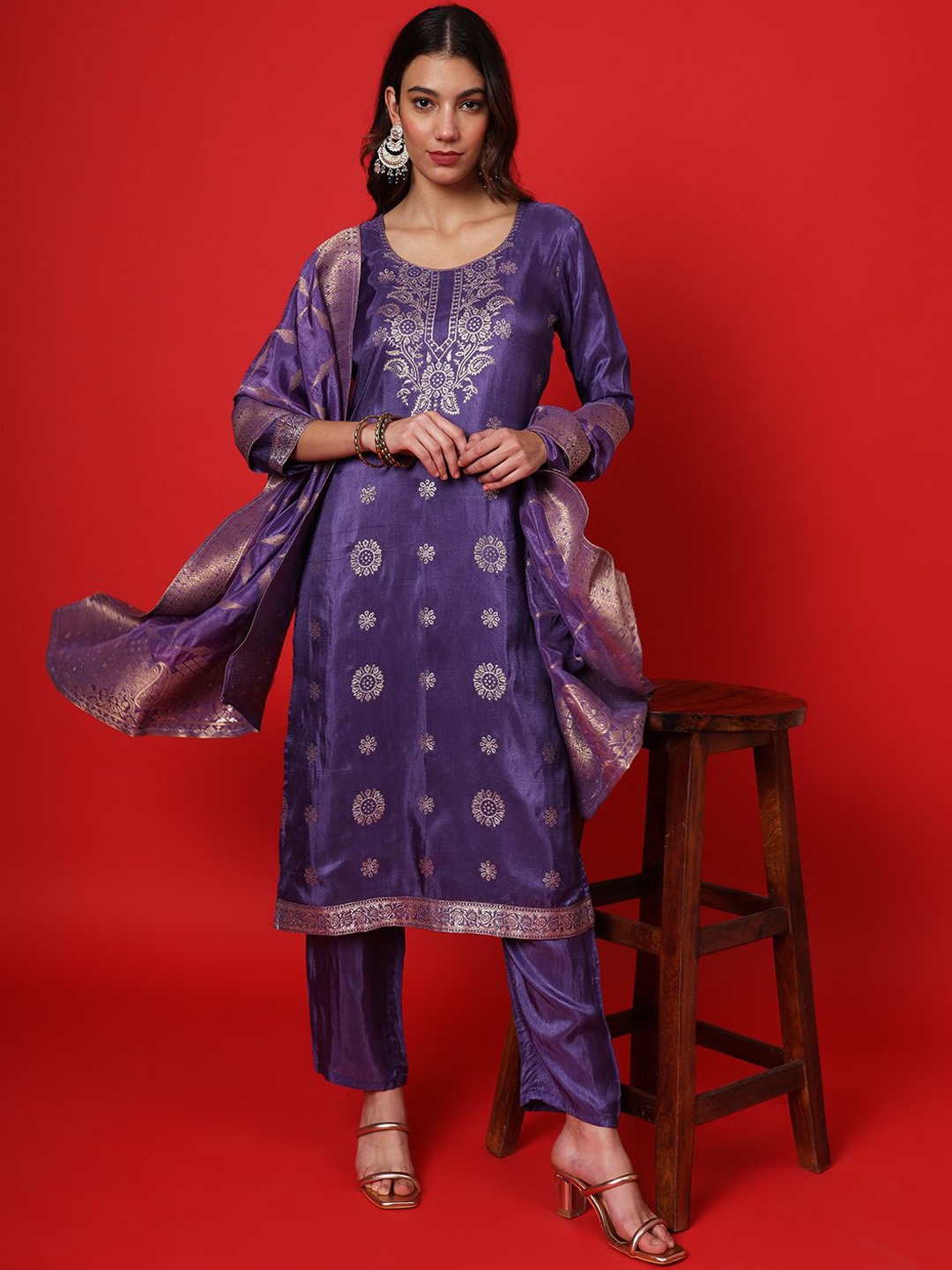 

FABDYOR Women Floral Regular Kurta with Trousers & With Dupatta, Purple