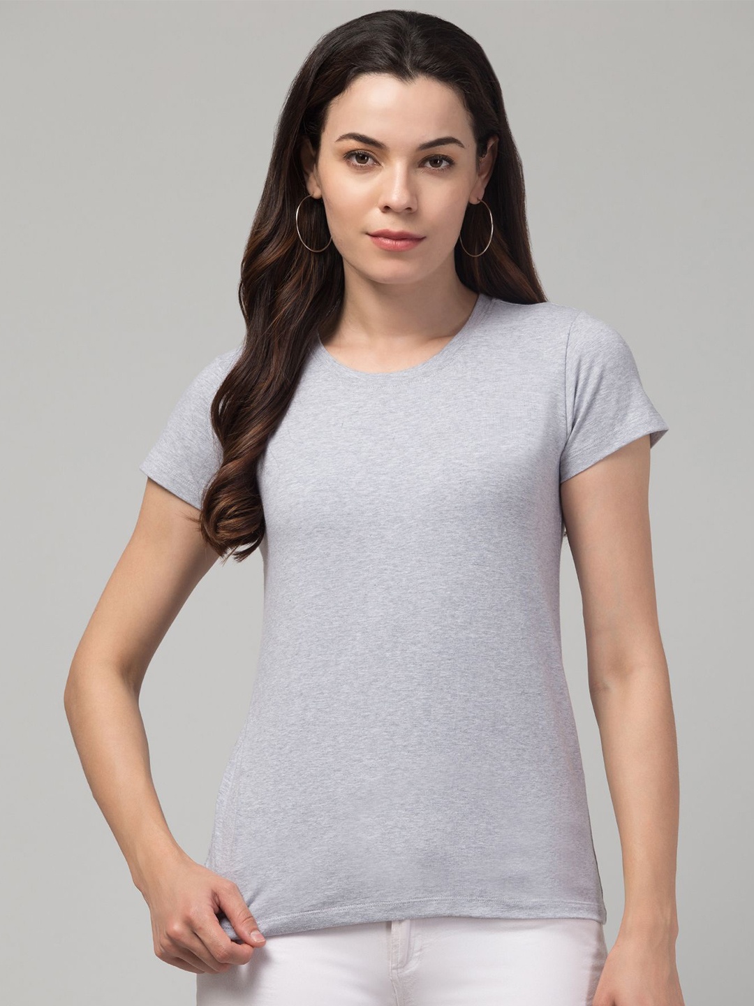 

Hive91 Women Round Neck Solid Cotton Activewear T-Shirt, Grey