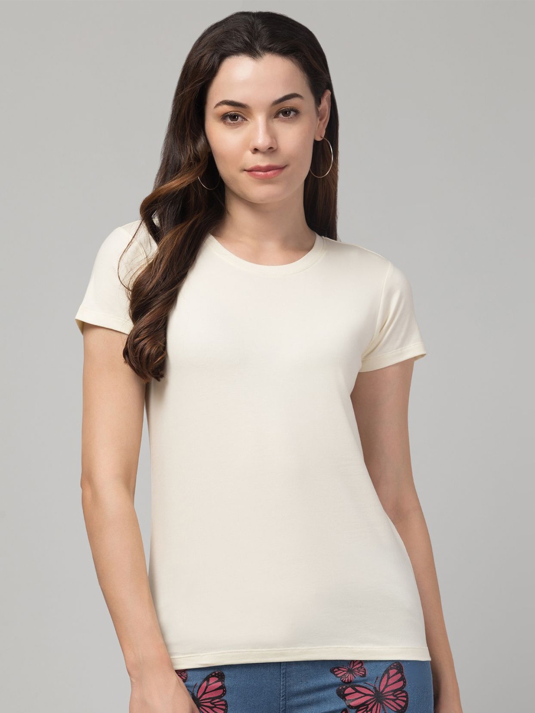 

Hive91 Women Round Neck Solid Cotton Activewear T-Shirt, Off white