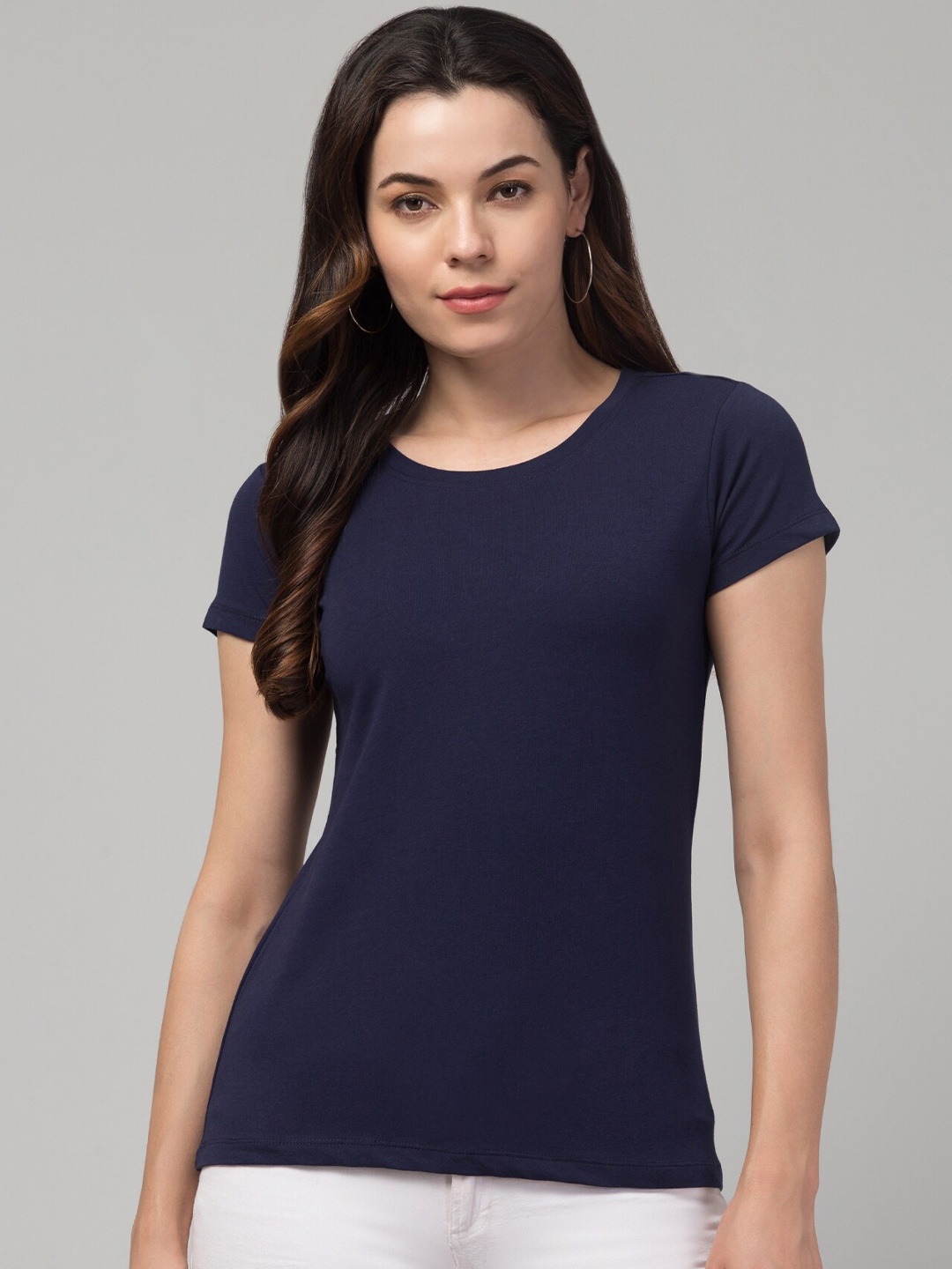 

Hive91 Women Round Neck Solid Cotton Activewear T-Shirt, Blue