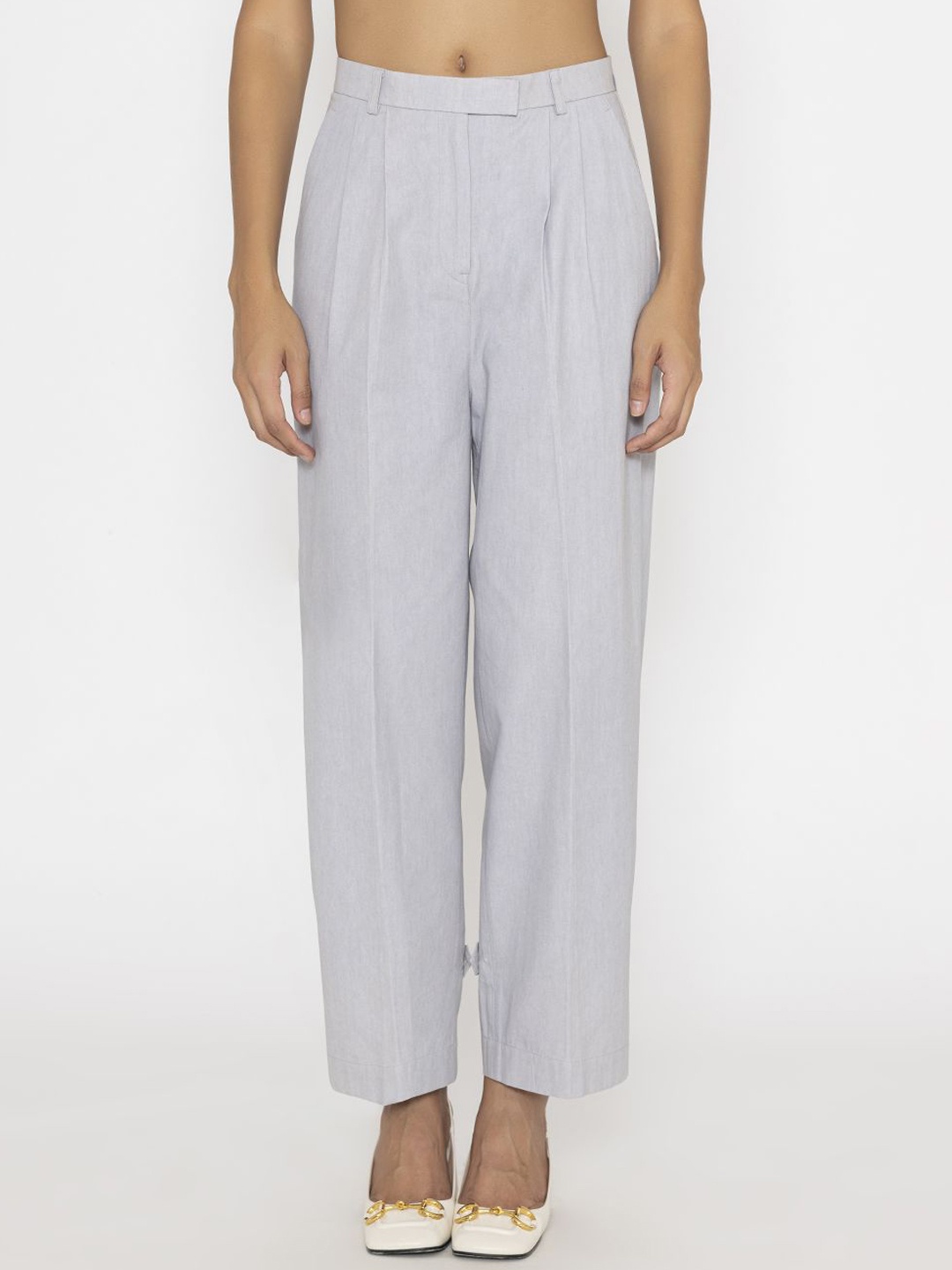 

Contemponari Women Relaxed Loose Fit Pleated Trousers, Grey