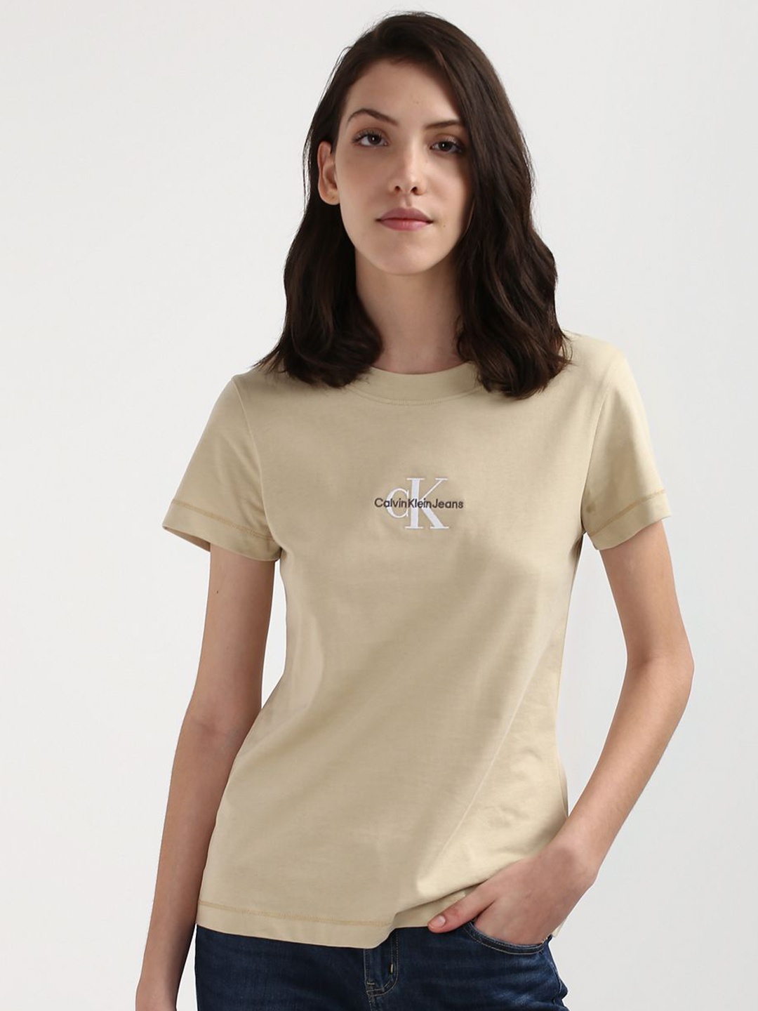 Calvin Klein Jeans Women Typography Slim Fit T-shirt, Brown