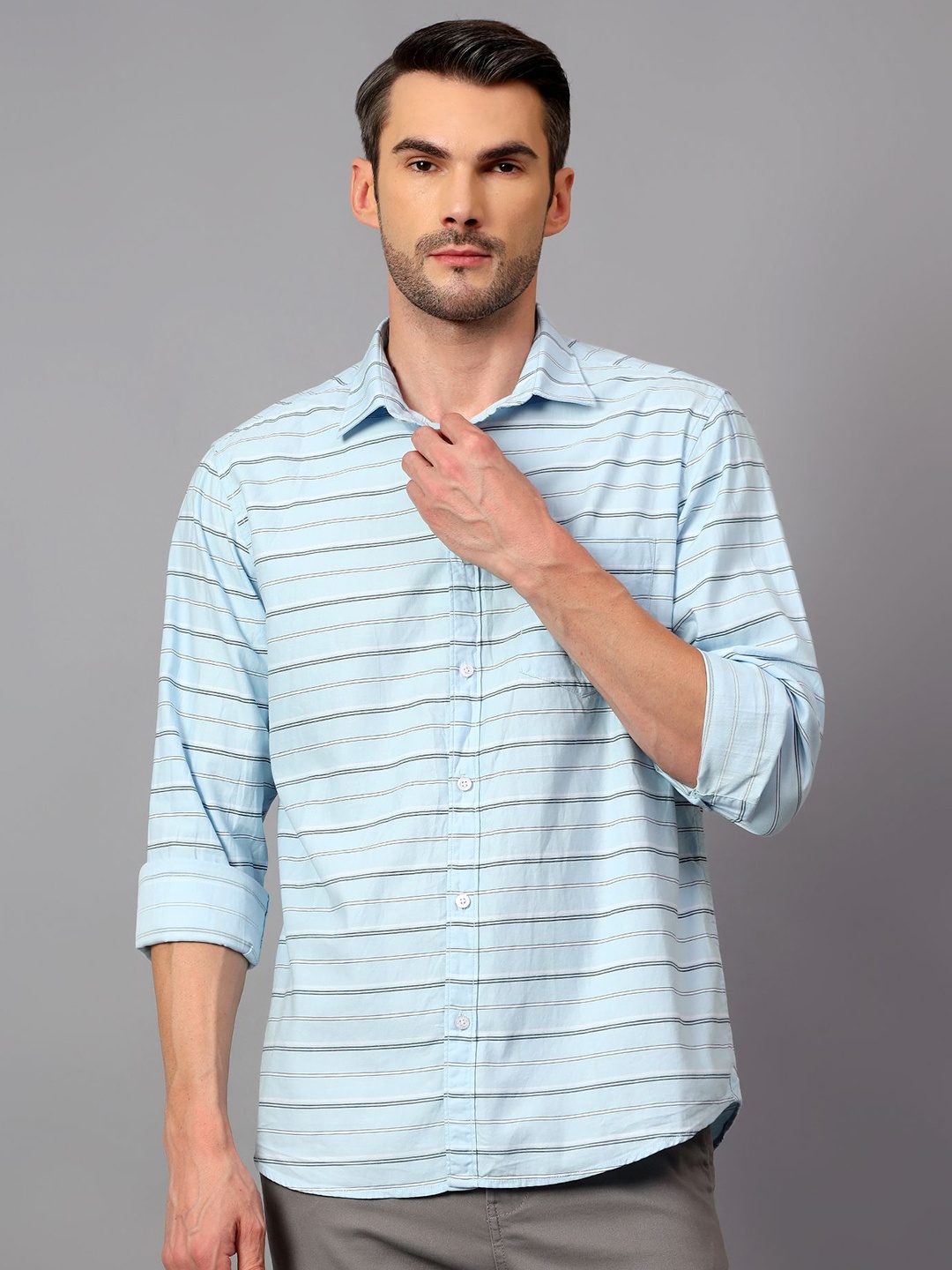 

Cantabil Men Comfort Horizontal Stripes Opaque Striped Casual Shirt, Blue