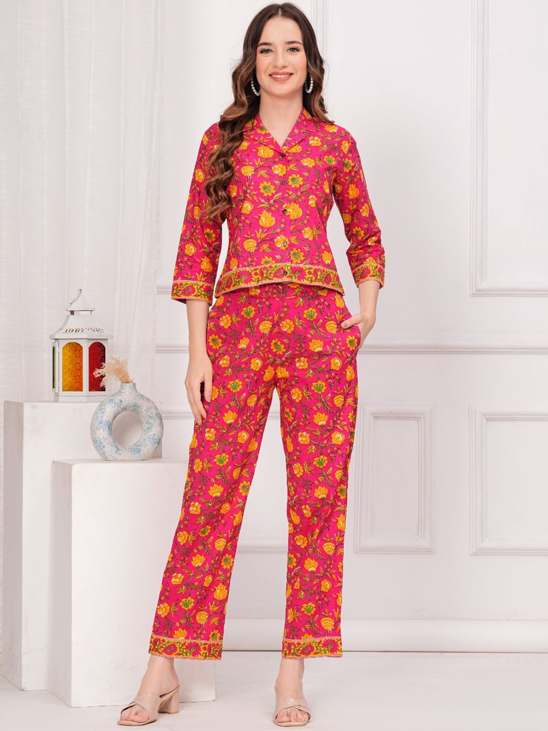 

KALINI Printed Pure Cotton Shirt & Trouser Co-Ord Set, Pink