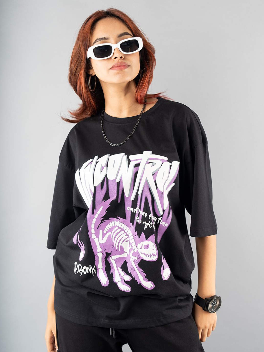 

PRONK Women Printed Extended Sleeves T-shirt, Black