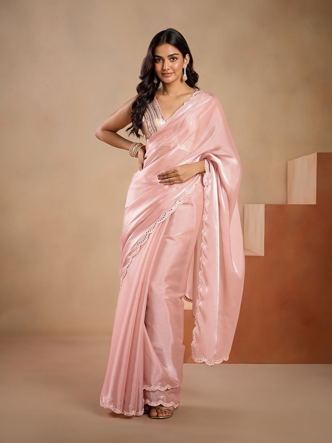 

Gajra Gang Mirror Work Poly Chiffon Mysore Silk Saree, Rose gold