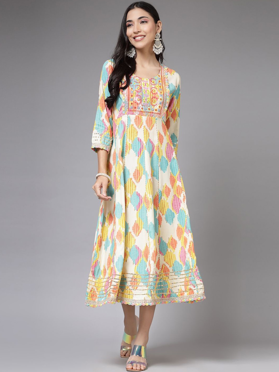 

KALINI Women Floral Printed Mirror Work Lace Frills Bows and Ruffles Kurta, Multi