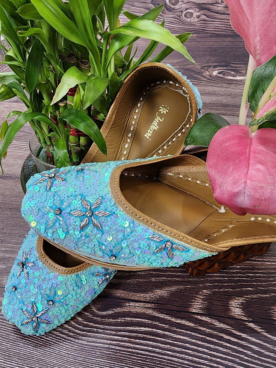 

Fulkari Women Leather Embellished Mojaris, Blue