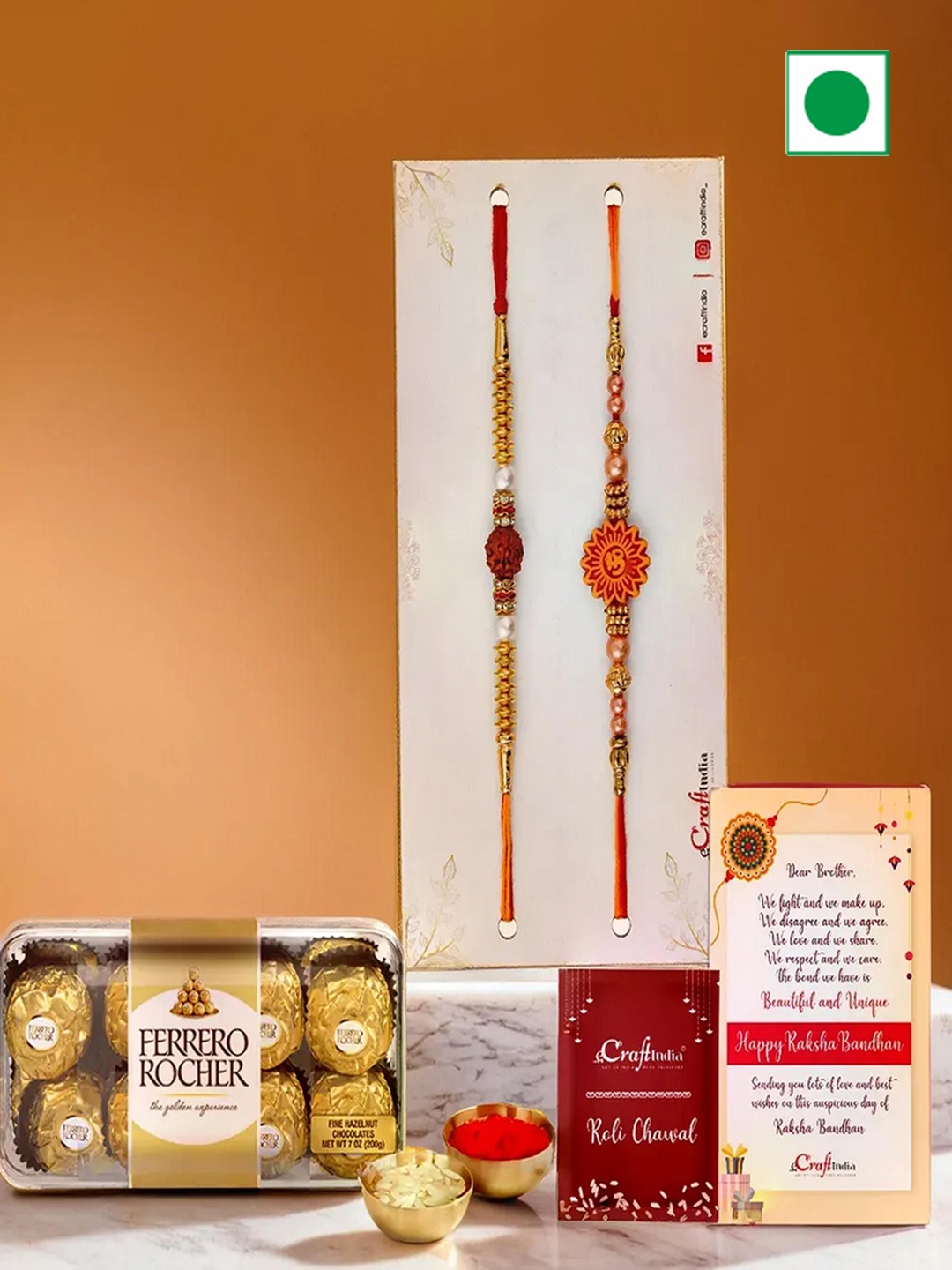 

eCraftIndia Set of 2 Rakhis with Ferrero Chocolates & Greeting Card With Roli Chawal, Red