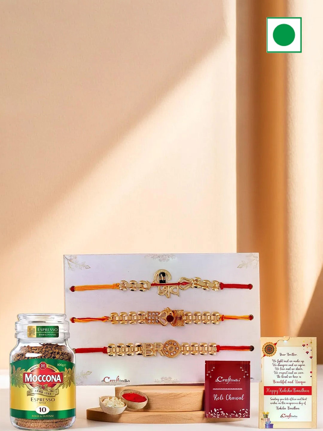 

eCraftIndia Set of 3 Rakhis with Coffee Powder & Greeting Card With Roli Chawal, Red