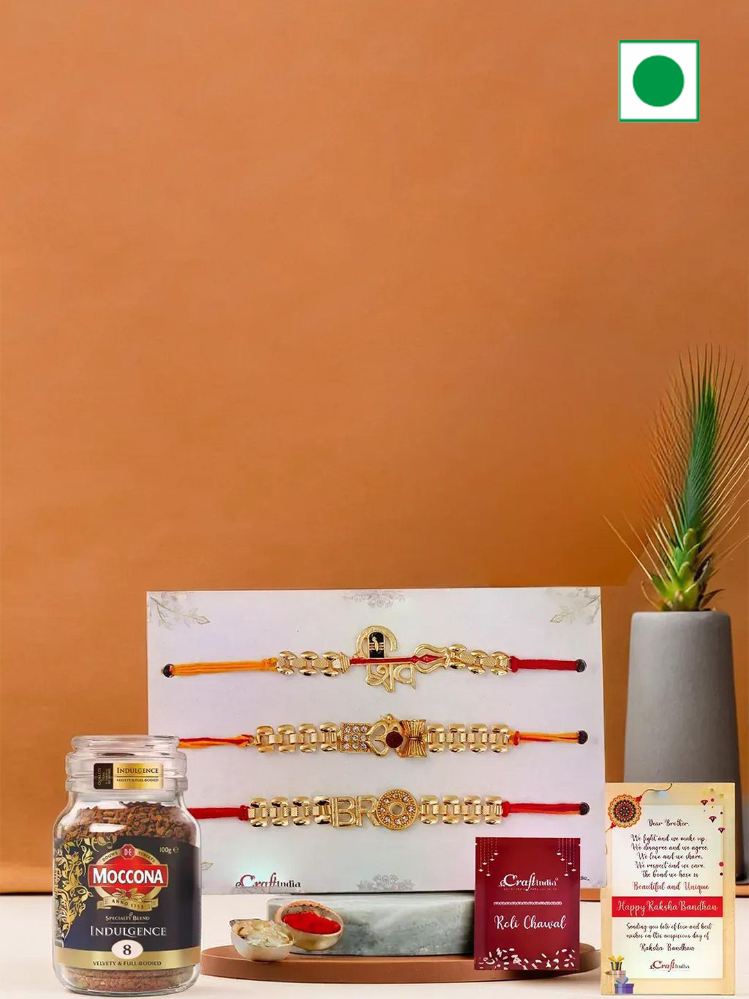 

eCraftIndia Set of 3 Rakhis with Coffee Powder & Greeting Card With Roli Chawal, Red