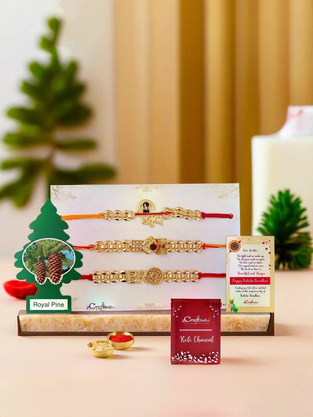 

eCraftIndia 3 Pcs Shiva Om Bro Designer Rakhis Gift Set With Air Freshener, Red