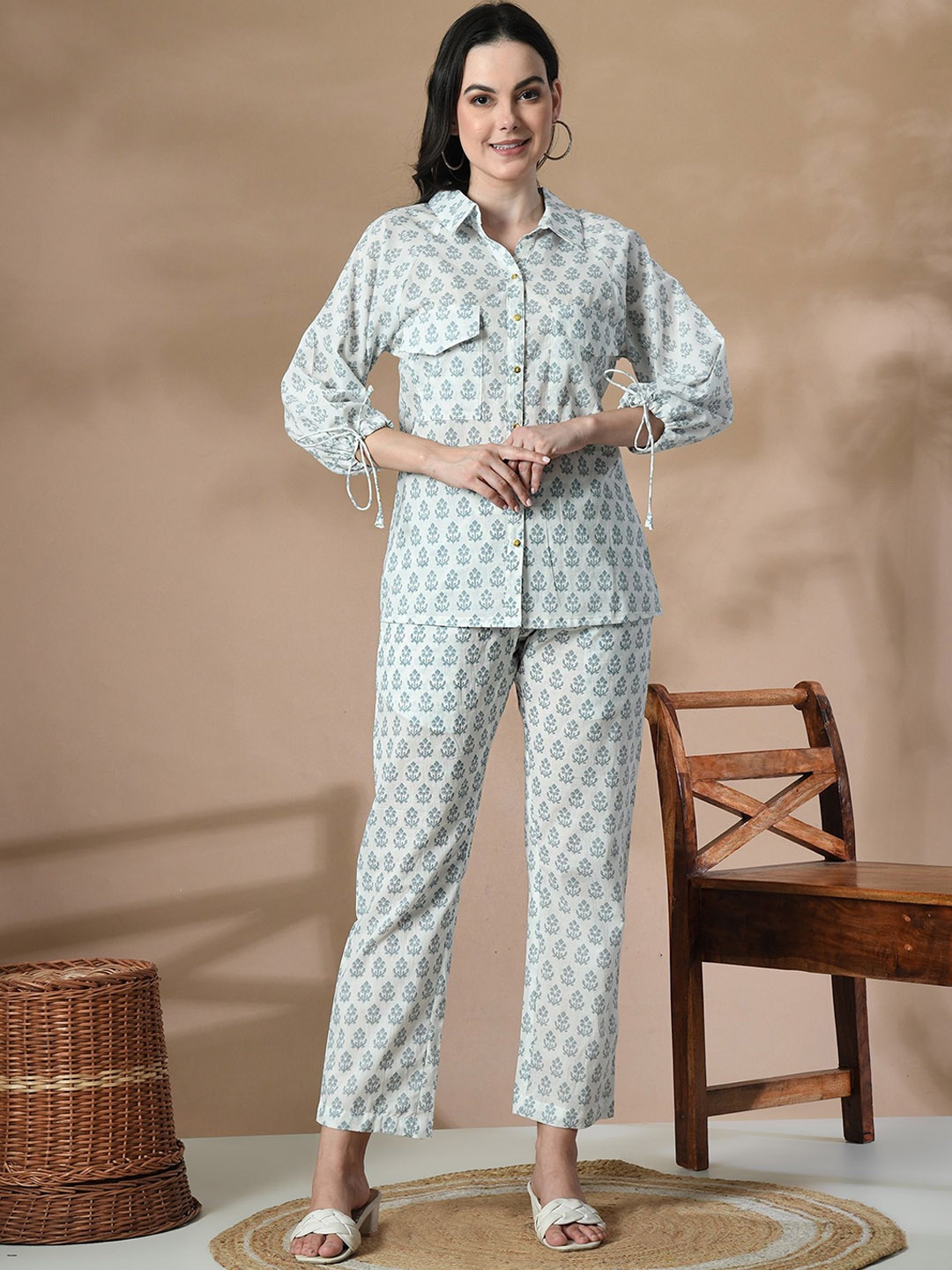 

Cayman Cream & Blue Pure Cotton Printed Shirt with Trouser Co-Ords