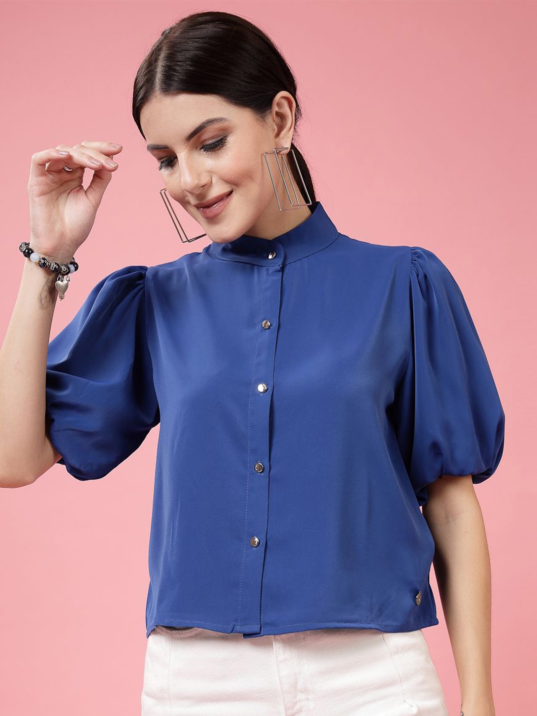 

Juelle Mandarin Collar Puff Sleeve Shirt Style Top, Blue