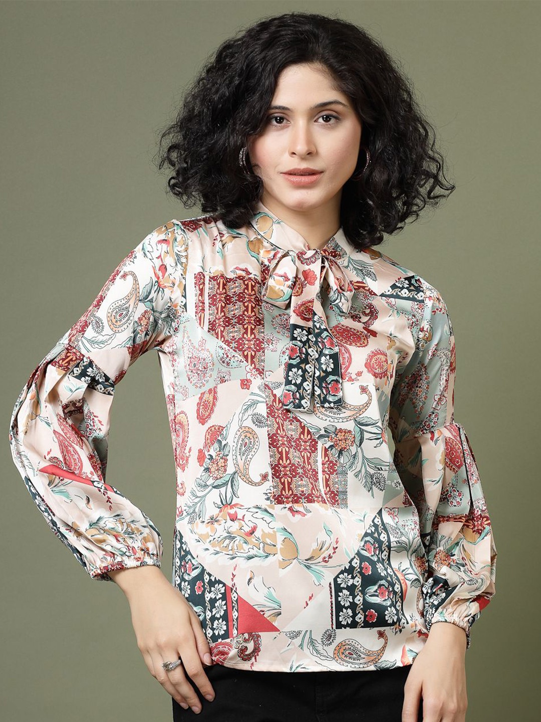

Juelle Print Mandarin Collar Shirt Style Top, Multi