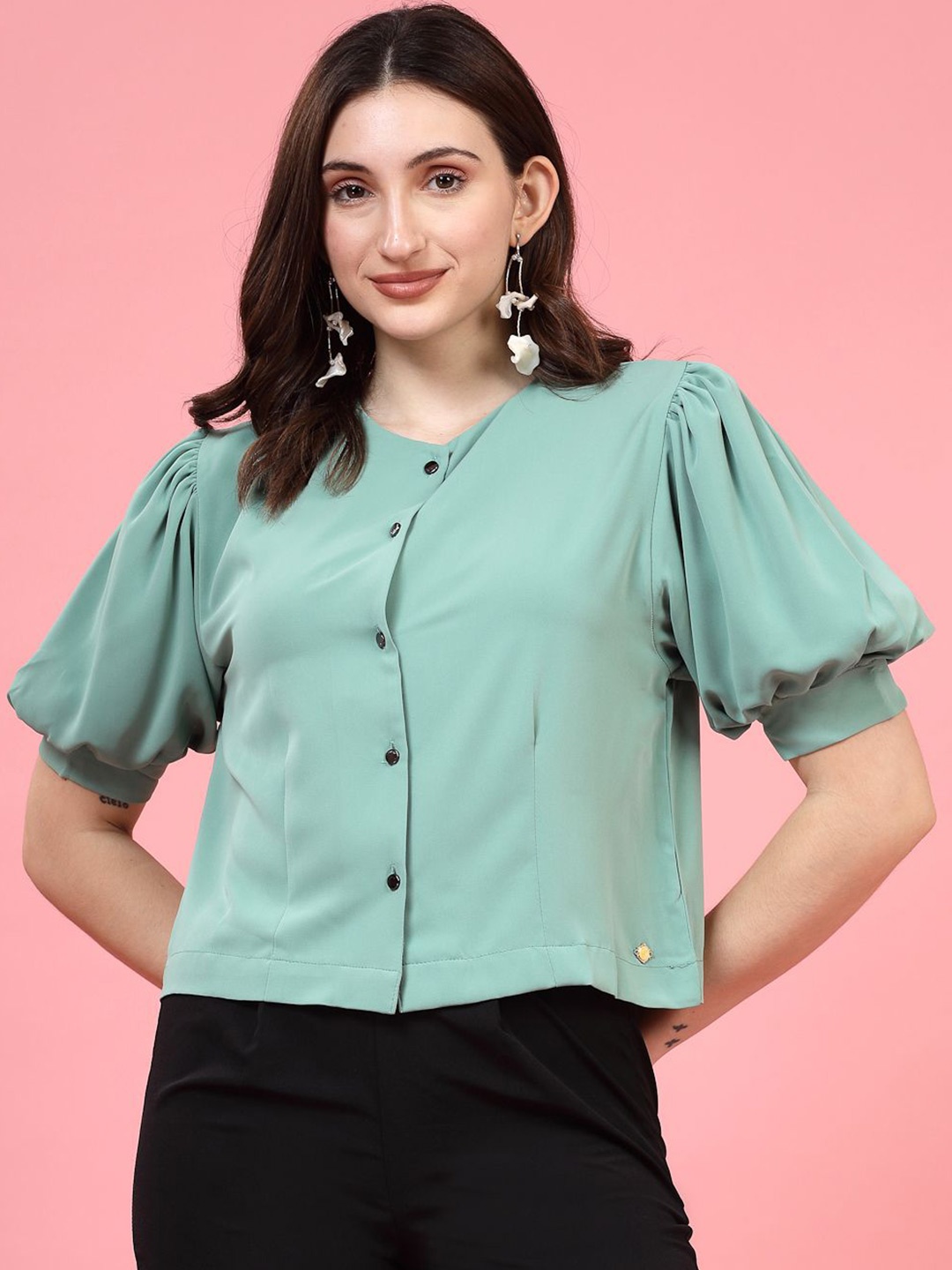 

Juelle Puff Sleeve Shirt Style Top, Green