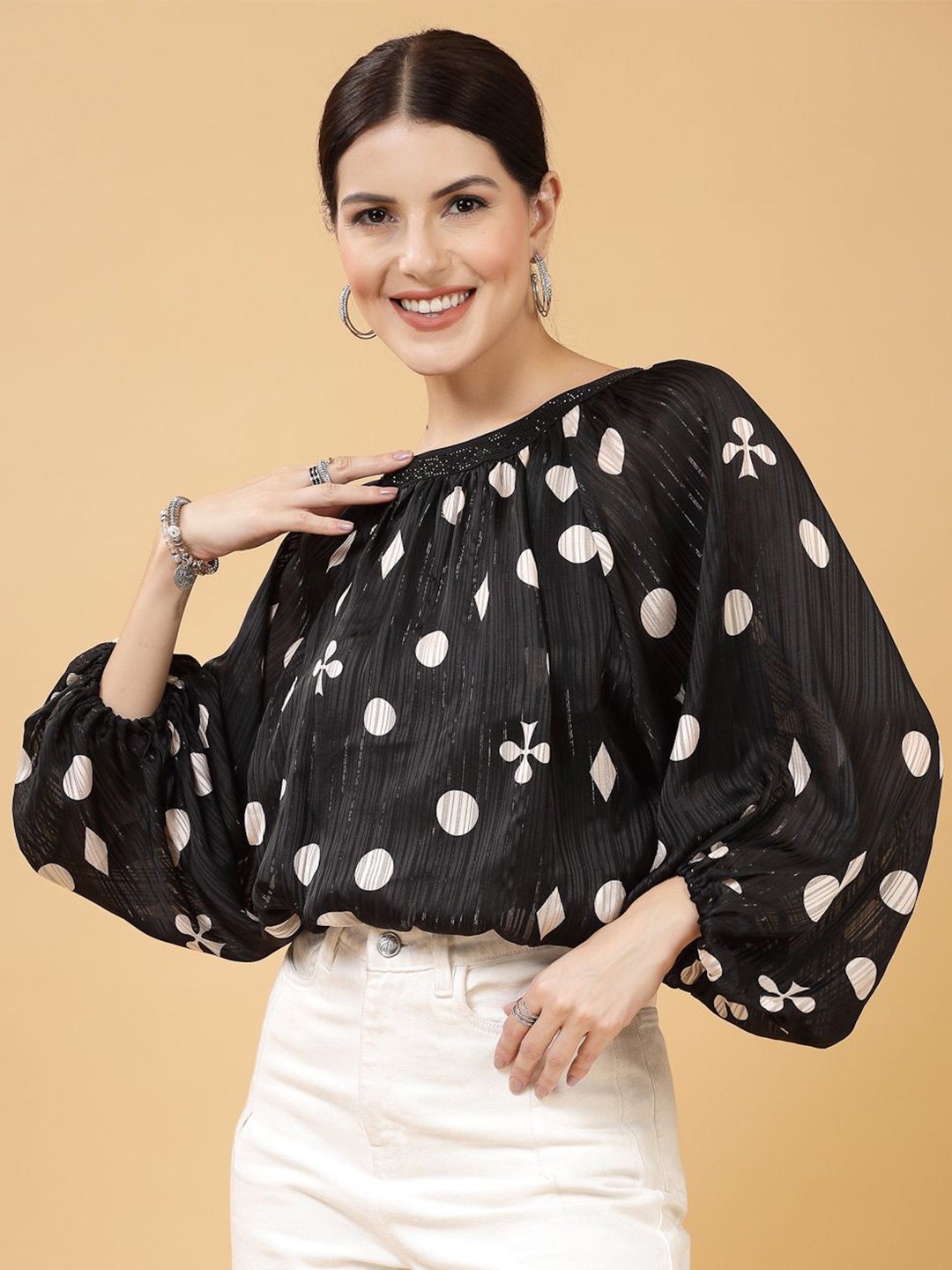 

Juelle Polka Dot Print Flared Sleeve Blouson Top, Black
