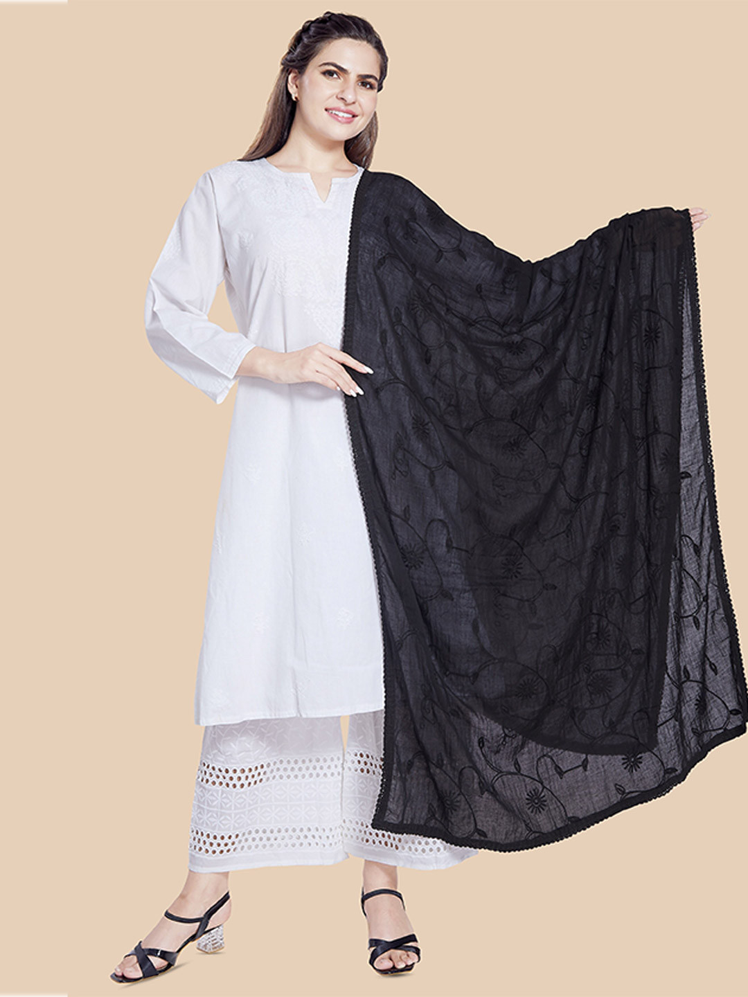 

Rani Saahiba Floral Embroidered Cotton Dupatta, Black