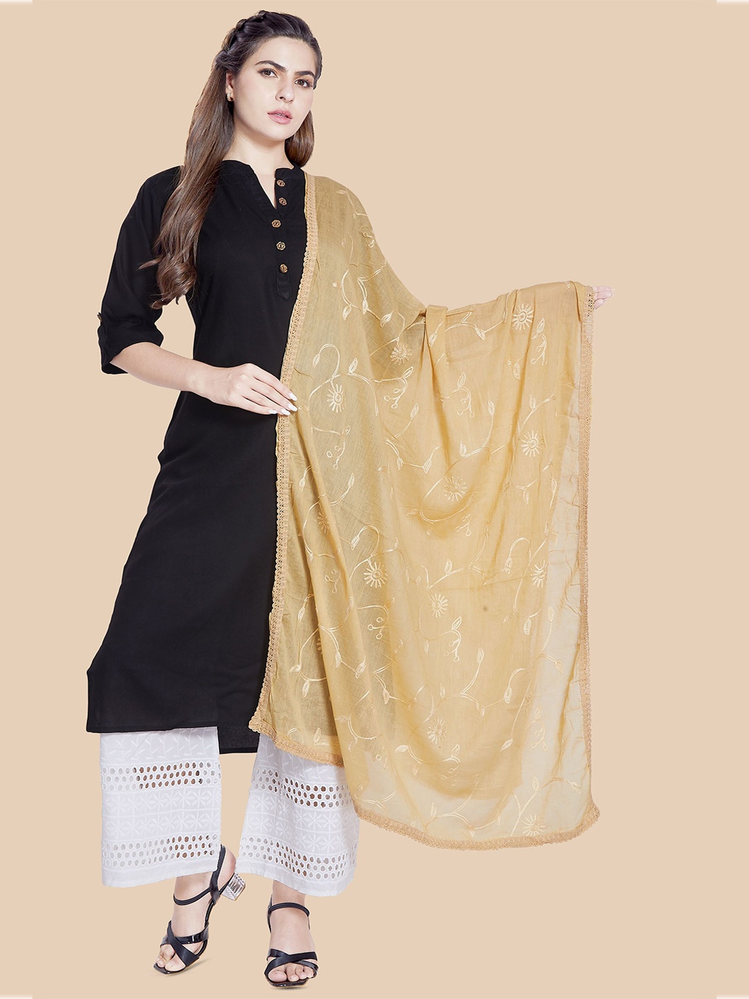 

Rani Saahiba Floral Embroidered Cotton Dupatta, Beige