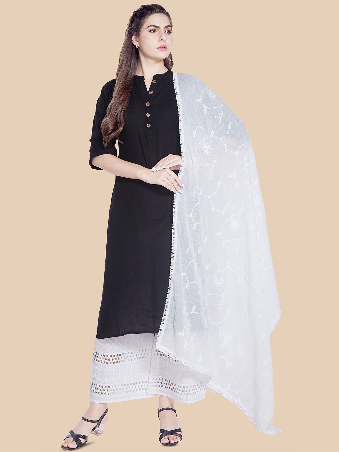 

Rani Saahiba Floral Embroidered Cotton Dupatta, White
