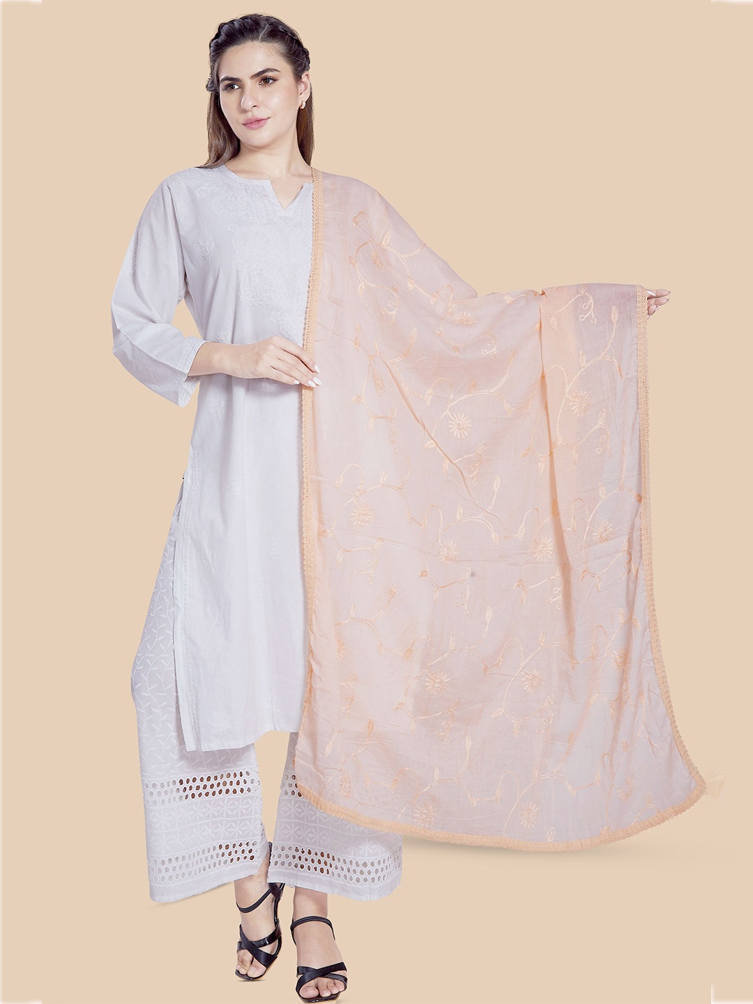 

Rani Saahiba Floral Embroidered Cotton Dupatta, Orange