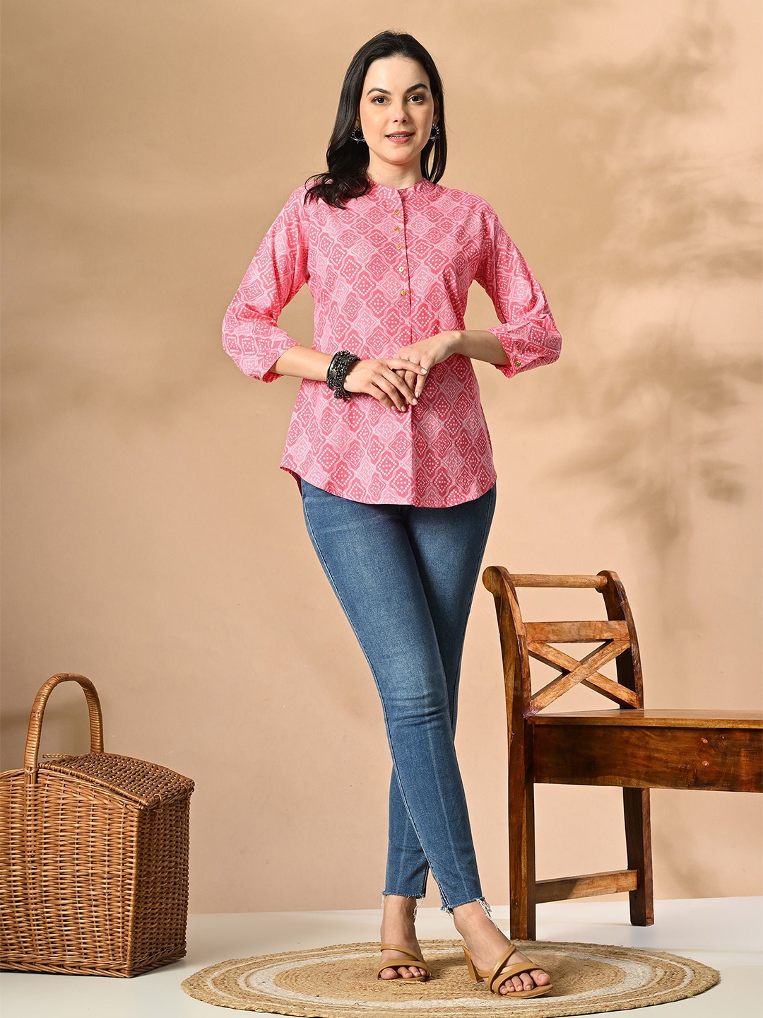 

Cayman Print Mandarin Collar Cotton Top, Pink