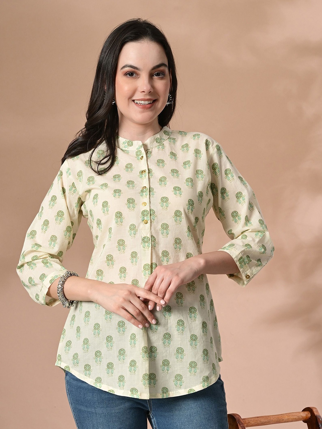 

Cayman Floral Print Mandarin Collar Cotton Top, Cream