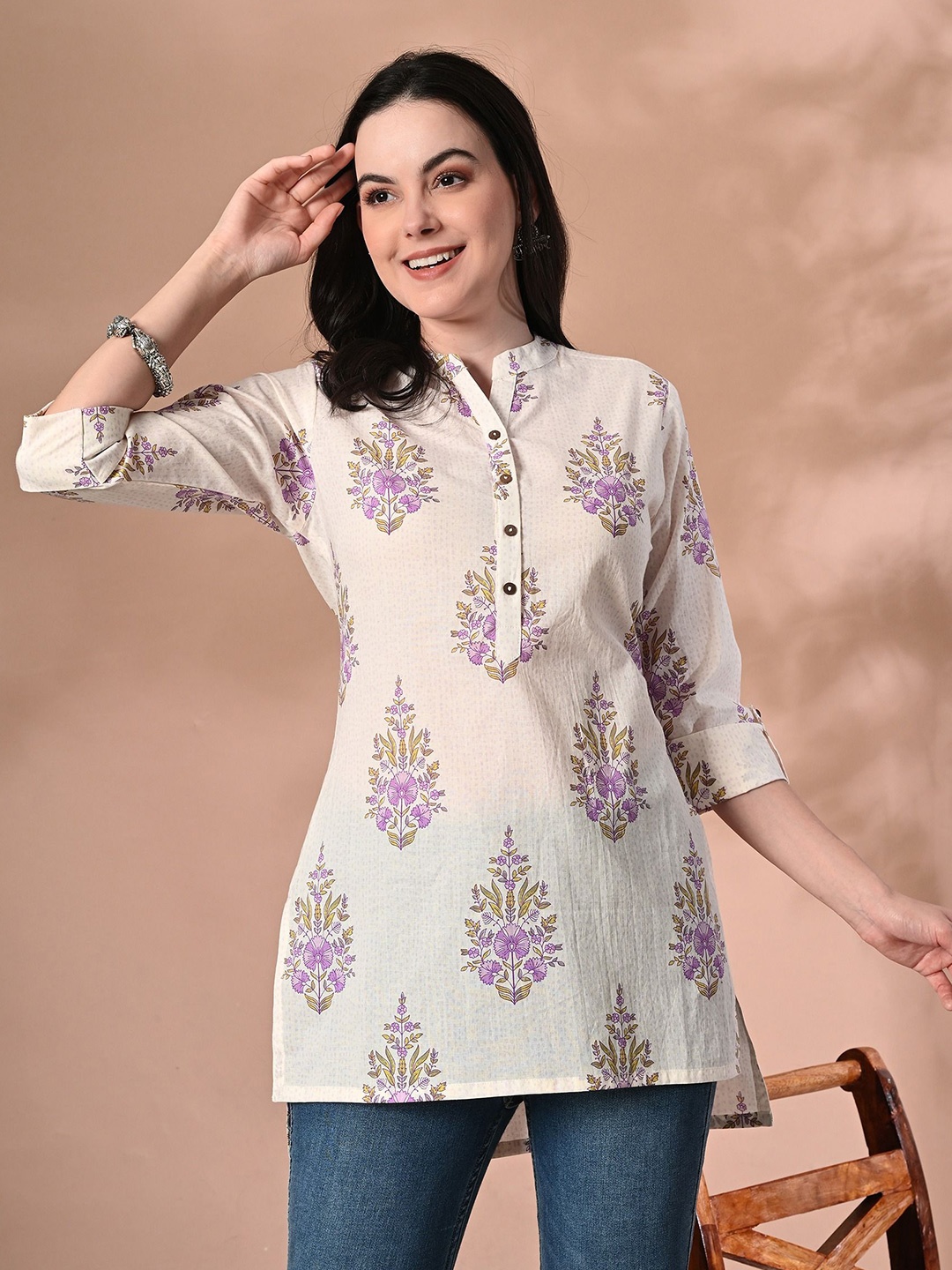 

Cayman Floral Print Cotton Shirt Style Top, Cream