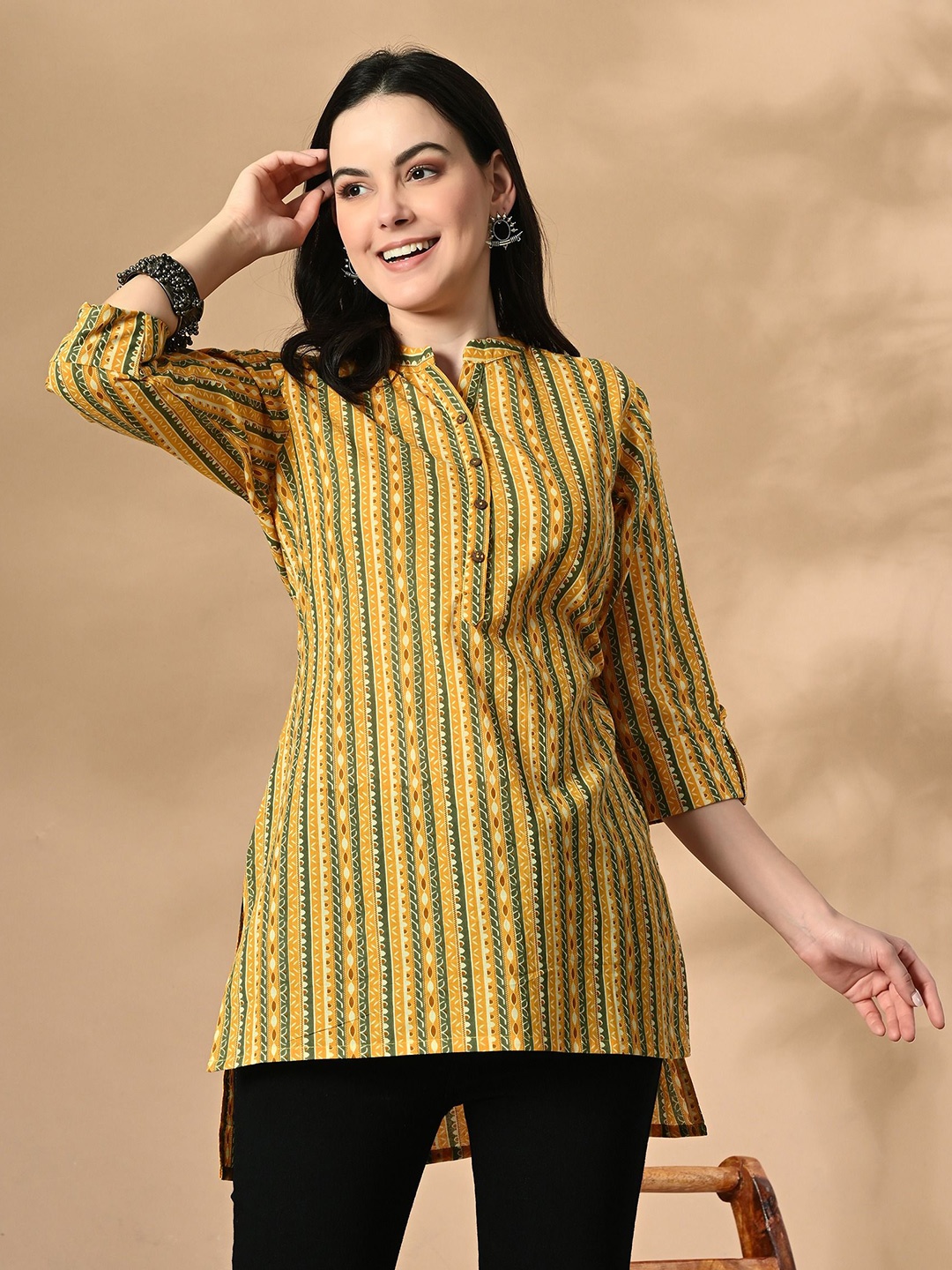 

Cayman Striped Mandarin Collar Cotton Top, Mustard