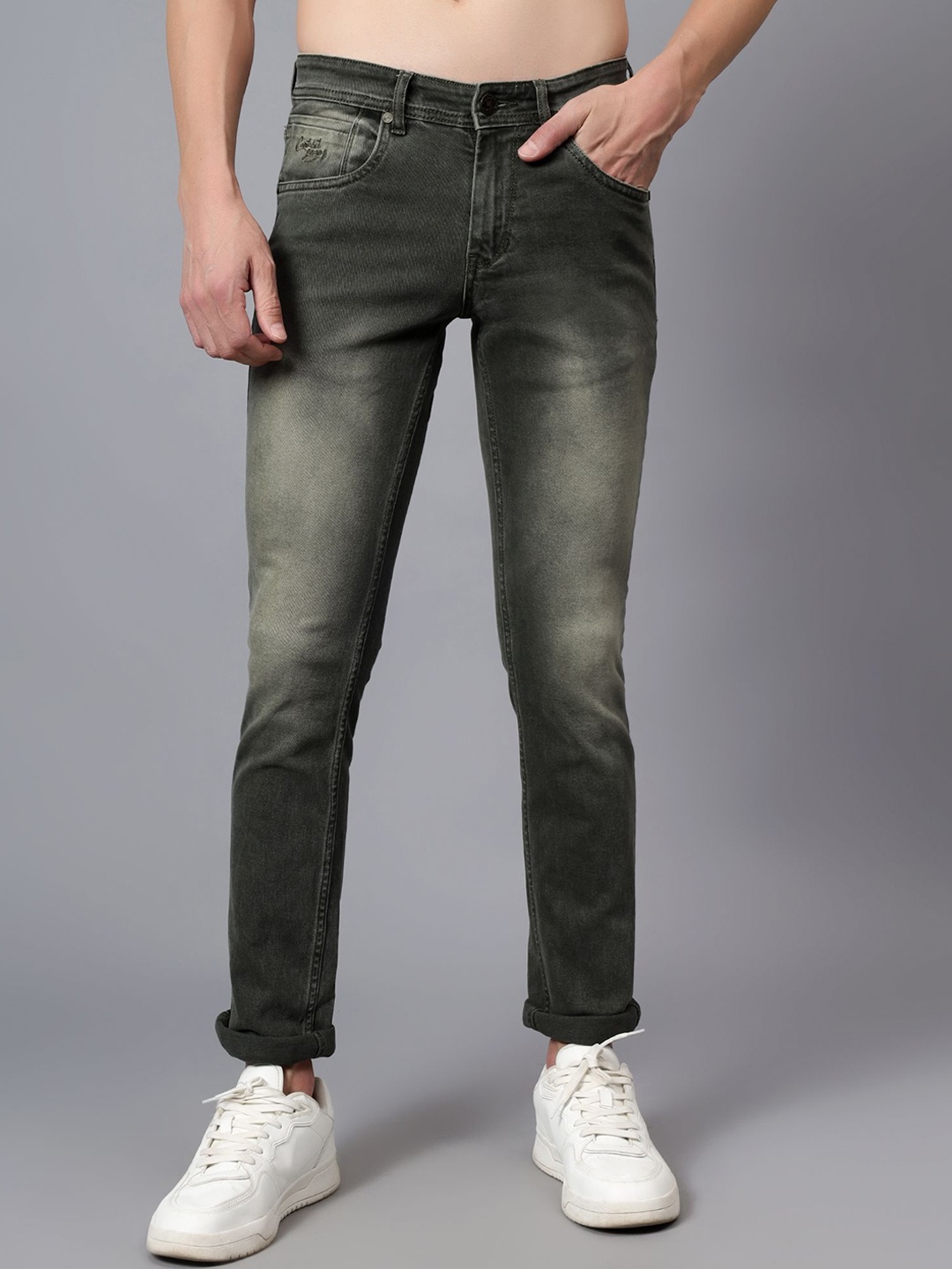 

Cantabil Men Low Distress Heavy Fade Stretchable Jeans, Olive